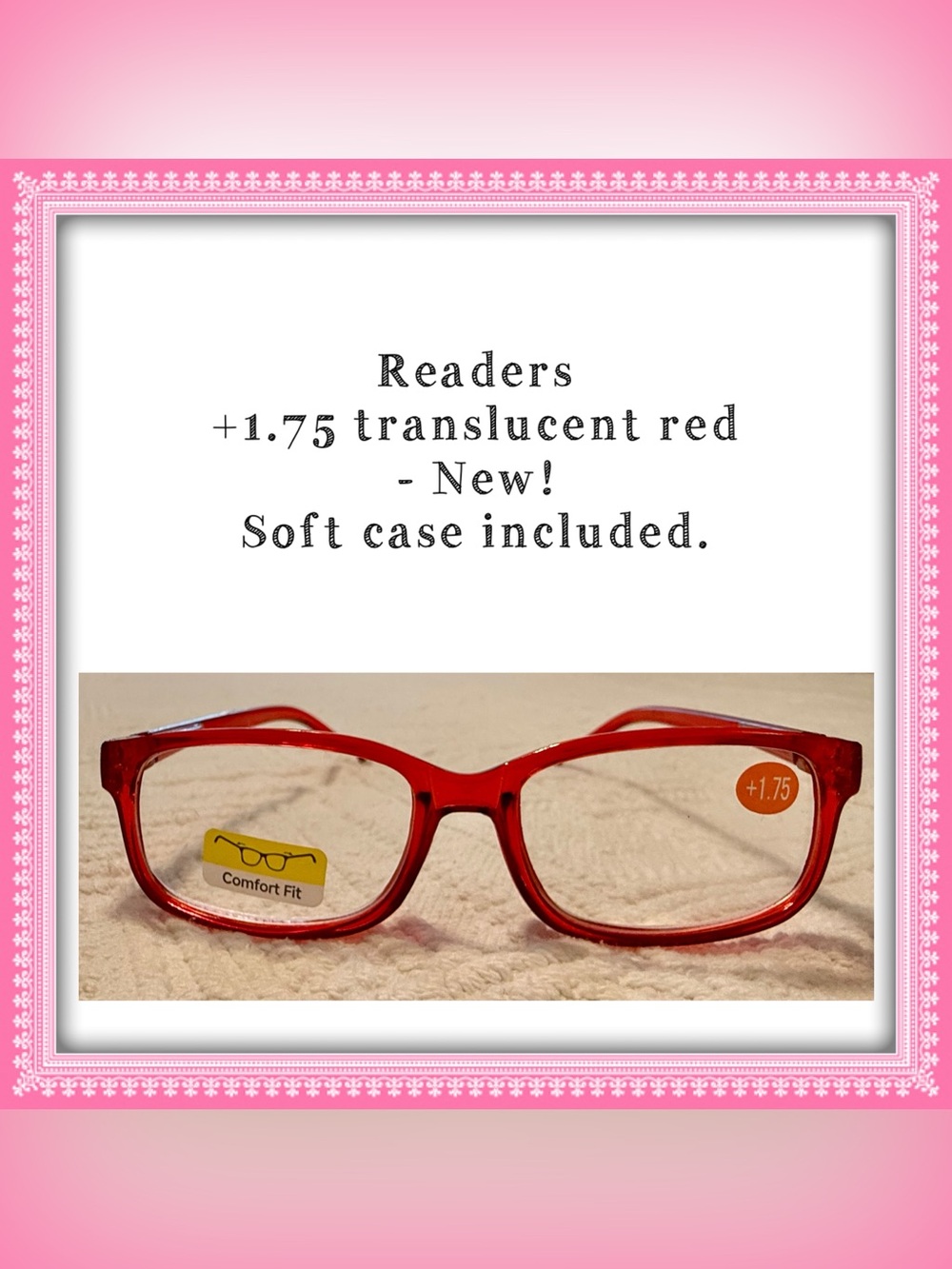 Reading eye glasses +1.75 New! Translucent red. Includes soft case Perfect!